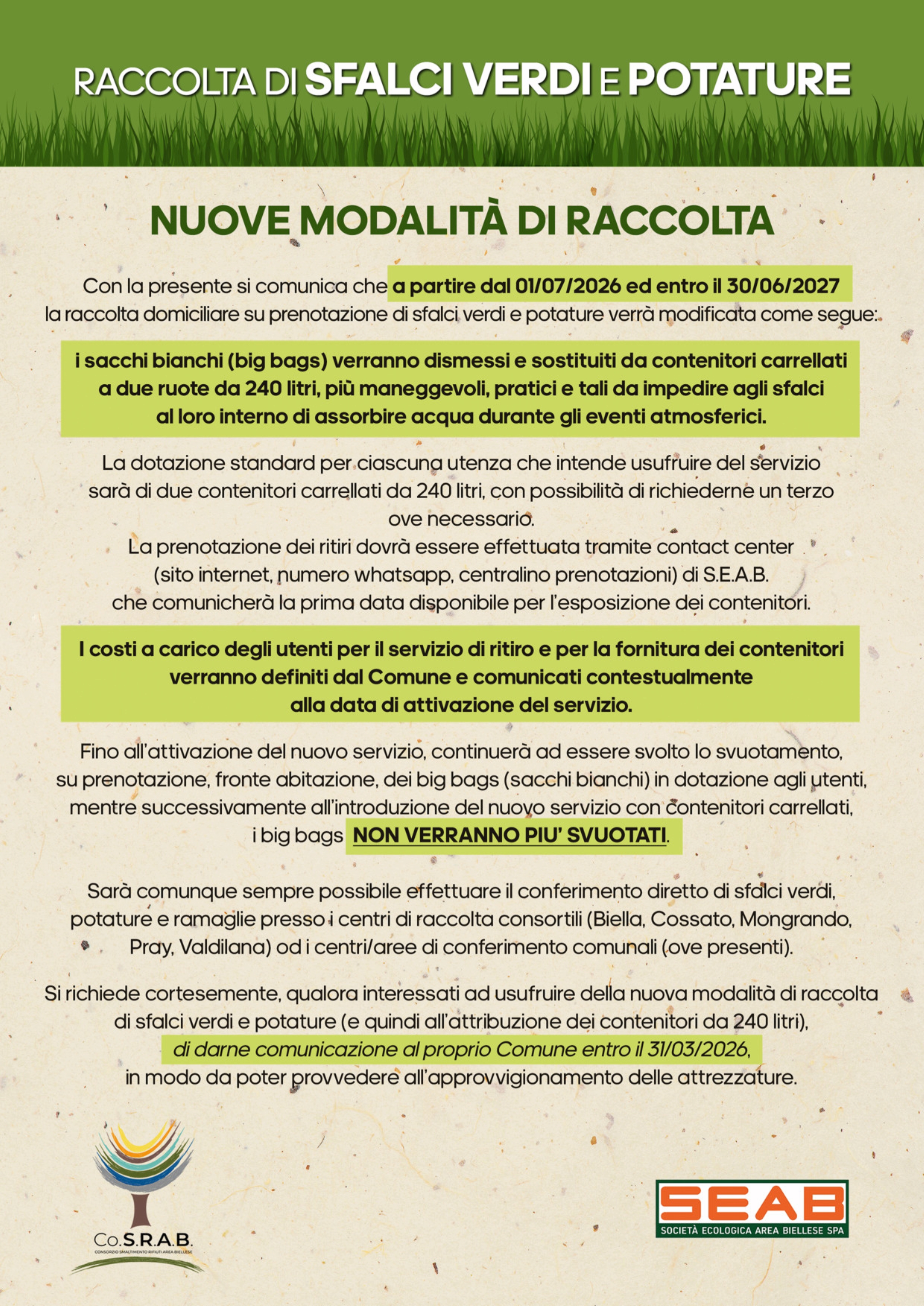 MODIFICA ALLA FREQUENZA DI RACCOLTA - RESIDUO INDIFFERENZIATO e NUOVE MODALITA' DI RACCOLTA SFALCI VERDI