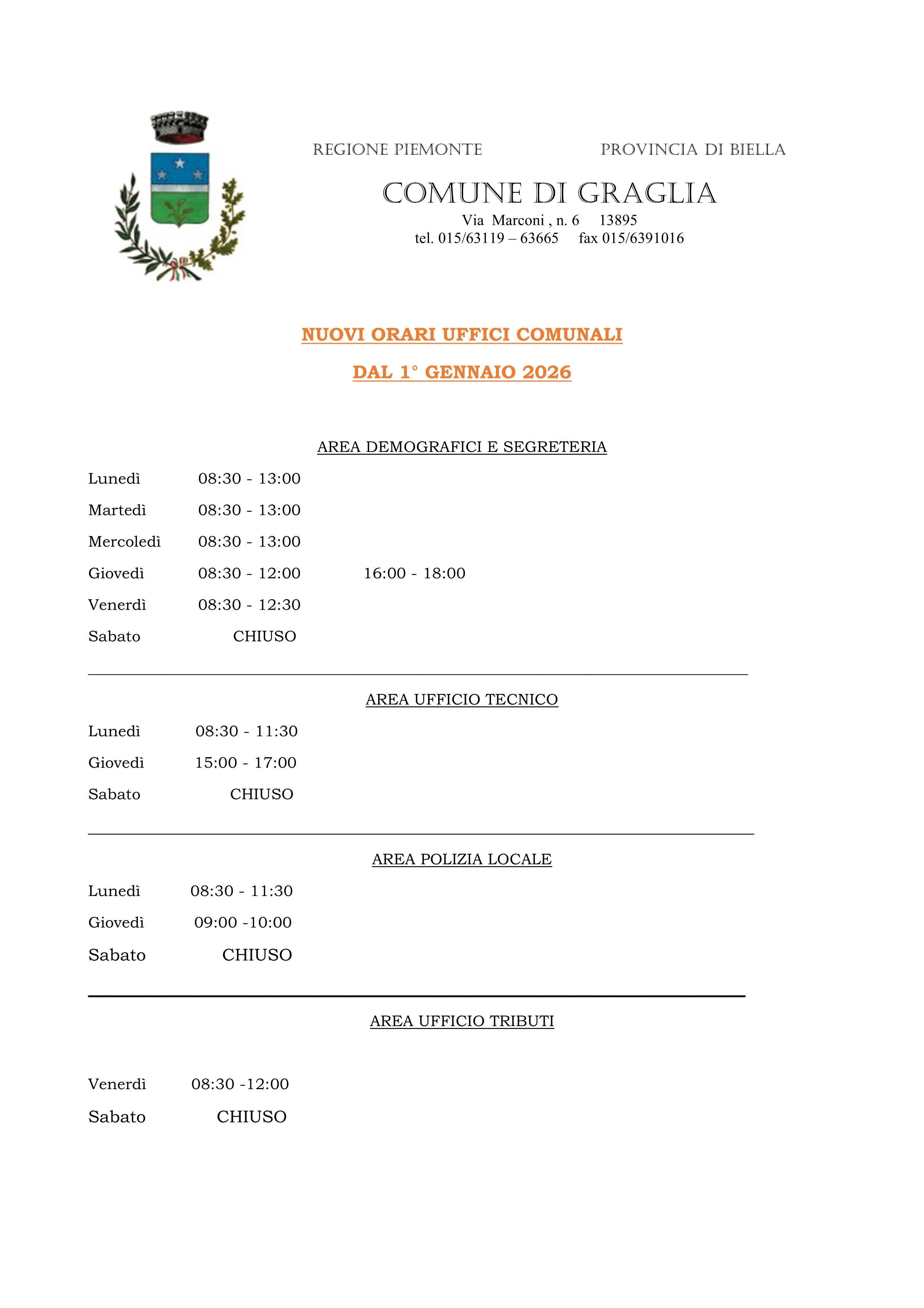 Nuovi orari Uffici Comunali